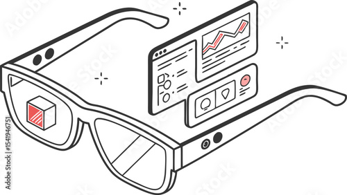 Augmented reality glasses displaying data charts and a cube in the lens with a minimalist design style