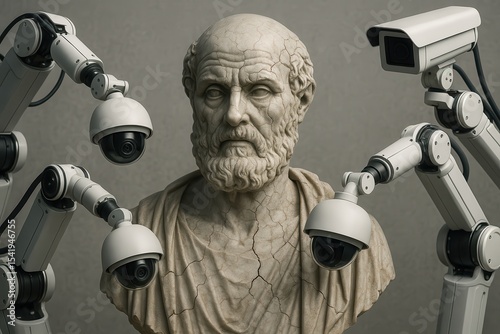 Artificial intelligence disrupts healthcare as a cracked statue of Hippocrates stands amidst surveillance cameras and robotic arms in a modern setting