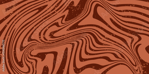 Retro coffee color background. Milk chocolate liquid dessert texture. Wavy swirl candy pattern for poster, cover, banner, pamphlet. Vintage brown trippy hippie wallpaper in 60s or 70s style. Vector