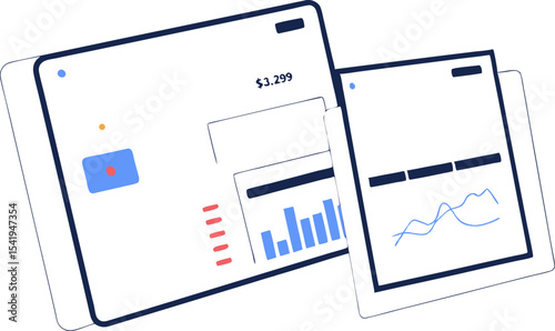 Illustration of two tilted dashboards displaying financial data with charts and a dollar amount of $3.299