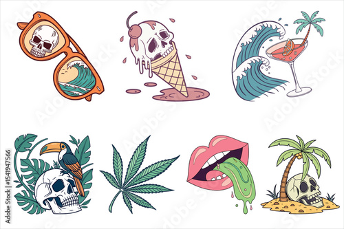 Psychedelic Summer Skull Vector Illustrations | Edgy Retro Tropical Element Set with Cannabis, Cocktail, and Melting Ice Cream for T-Shirt Design
