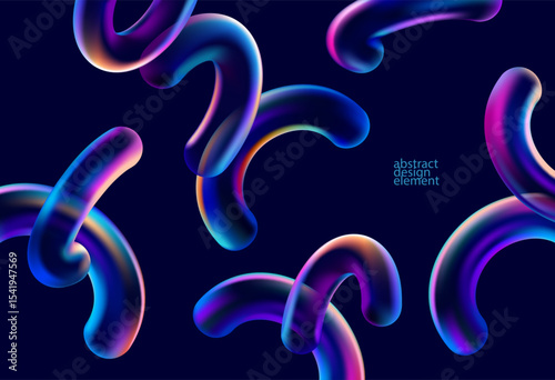 Abstract background of 3D glass arches and wavy lines. Colorful transparent  geometric shapes.