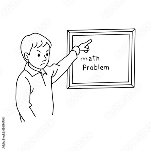 boy angrily pointing at math problem on board for correction or argument