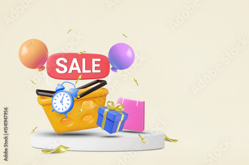 3D vector illustration rendering of basket on display stand with big SALE sign, alarm clock, gift box, shopping bag, balloons and gold ribbon floating, conveying online discount campaign.
