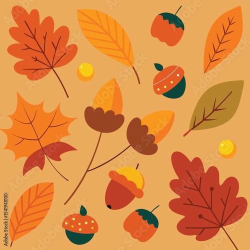 Colorful autumn leaves and acorns arranged on a transparent background for design