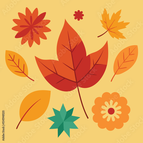 Colorful autumn leaves and flowers arrangement in flat design style on white