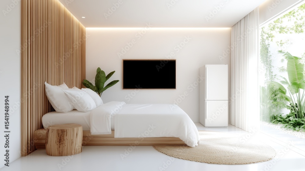Fototapeta premium A spacious, minimalist bedroom featuring a warm-toned wooden headboard and serene plants, epitomizing tranquility and modern elegance in interior design.