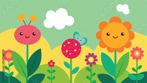 Colorful cartoon illustration of a cheerful garden with smiling flowers and friendly characters