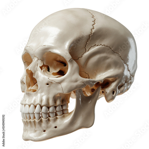 Realistic human skull model viewed from the side with detailed bone structure, teeth, and cranial sutures, isolated transparent background