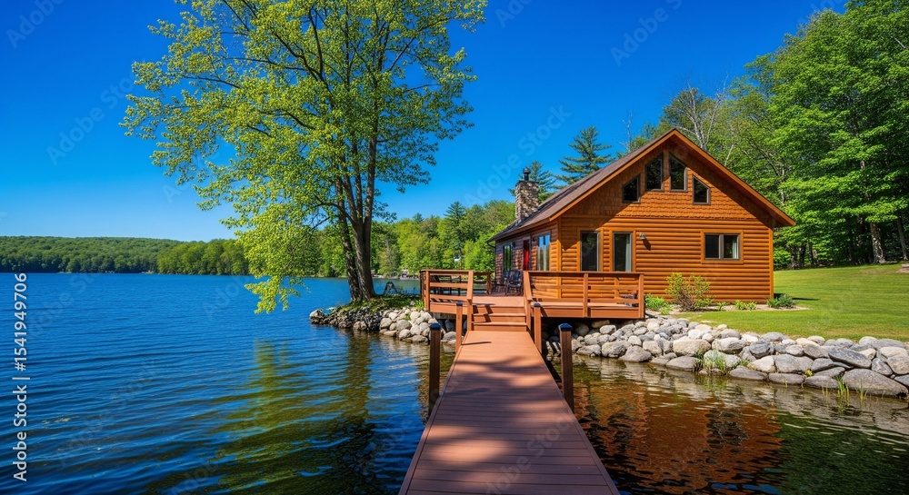 Obraz premium Picturesque Lakeside Cabin with Wooden Dock on a Clear Summer Day