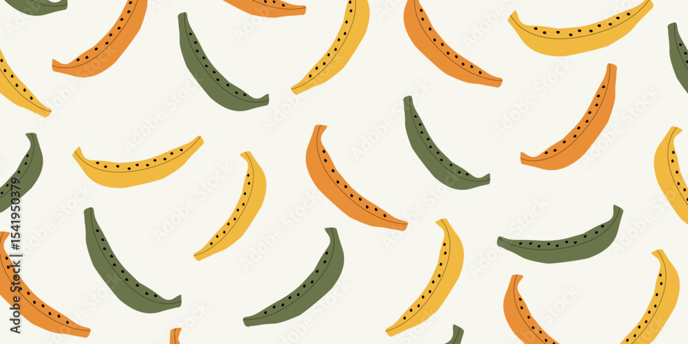 Fototapeta premium Seamless tropical banana pattern. Exotic summer fruit background. Minimal flat vector tropical food design. Vibrant banana illustration for fabric, wallpaper, or packaging.