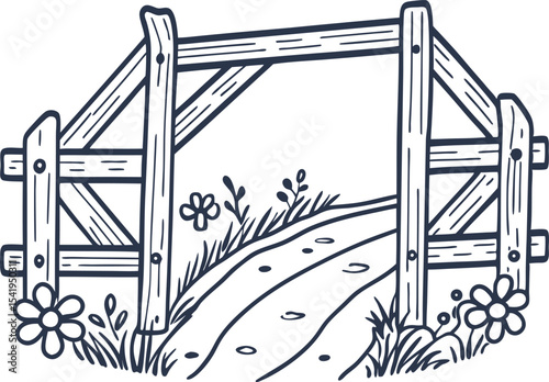 Wooden garden gate with pathway, wildflowers, and rustic fence countryside nature entrance illustration