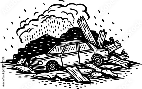 Abandoned car surrounded by debris and ruins during storm disaster aftermath, destruction, emergency response concept