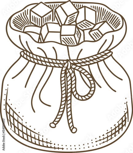 Burlap sack filled with sugar cubes hand drawn sketch style, rustic food storage, sweet ingredient concept