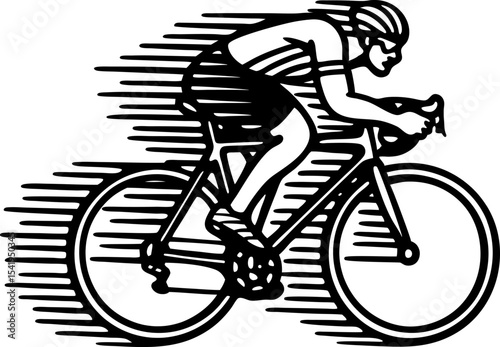 Cyclist in motion, fast road bike ride athletic man, racing speed, dynamic movement, black line art illustration