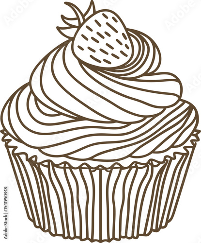 Cupcake with swirled frosting and strawberry dessert baked treat, sweet pastry outline, confectionery drawing