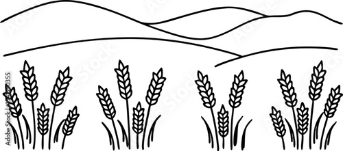Wheat field line drawing with hills in background simple agriculture landscape, rural farming scene illustration