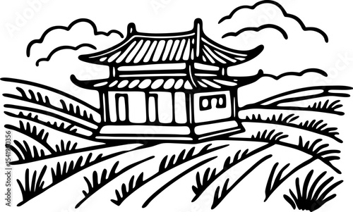 Traditional asian pagoda in rural landscape black line art of historic architecture among fields and cloudy sky