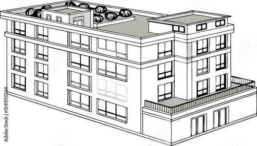 Isometric view of a modern apartment building with multiple windows and a rooftop garden with plants and a balcony