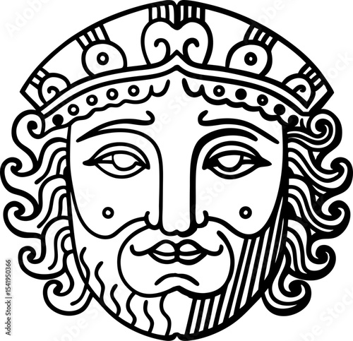 Ancient greek mask illustration mythological bearded face with ornate headpiece, classical theatrical outline drawing
