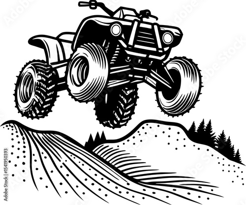 Off road all terrain vehicle jumping over rugged dirt hill adventure, extreme sport, outdoor excitement concept