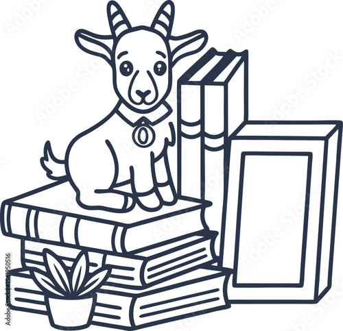 Goat sitting on a stack of books with potted plant cute animal illustration, reading, education, learning concept
