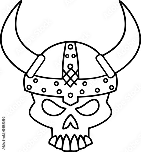 Viking skull with horned helmet outline norse warrior symbol, aggressive illustration, black and white line art