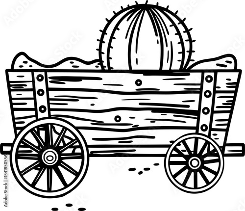 Rustic wooden wagon filled with sand and large spiky cactus vintage western transportation, desert illustration