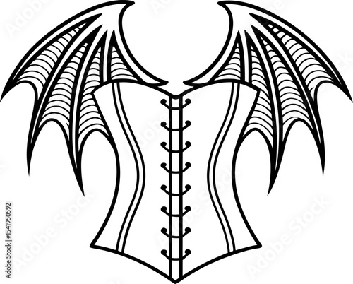 Gothic corset with bat wings dark fantasy fashion illustration, alternative design, bold feminine statement