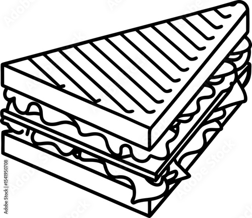 Grilled sandwich outline icon toasted bread with lettuce, tomatoes, cheese and deli meat layers in black and white
