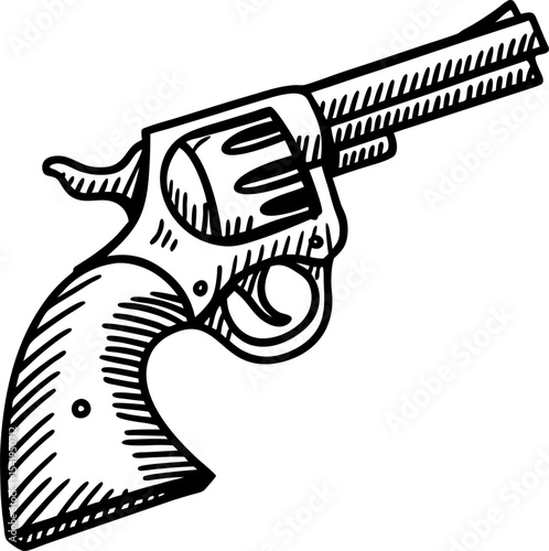 Vintage revolver illustration hand drawn black and white handgun sketch with textured grip and barrel, isolated design
