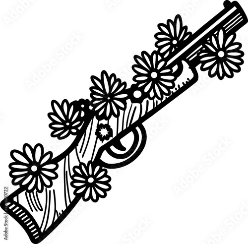 floral decorated rifle illustration peace and anti violence concept, flowers blooming from gun barrel, black and white art