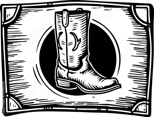 Vintage cowboy boot illustration in retro frame western footwear, rustic leather shoe, wild west art