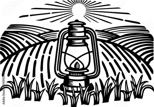 Vintage lantern on rural farmland at sunrise retro line art of lantern light, sun, countryside fields and grass