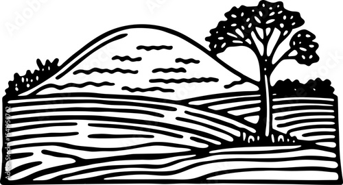 rolling countryside landscape with lone tree, hill and fields rural nature scene, farmland illustration