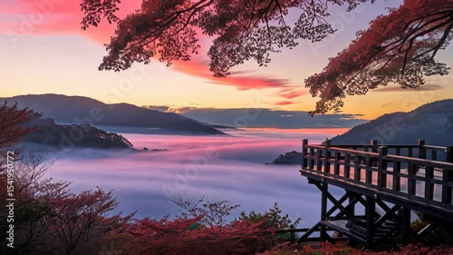 Misty Mountain Sunrise with Red Leaf Tree and Bridge