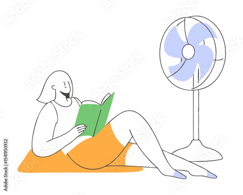 Young Woman Reading Under Fan - Relaxed Book Lover Vector Illustration (Electric Propeller Cooling Device, Isolated White Background