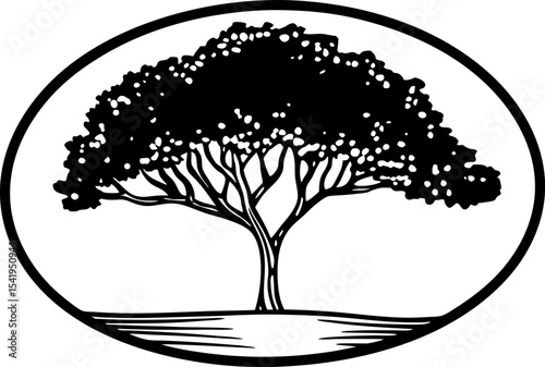 Majestic acacia tree silhouette sprawling leafy branches, sturdy trunk, savanna landscape, black and white illustration