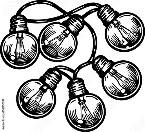 String lights illustration vintage incandescent light bulbs hanging, retro decorative glowing elements, hand drawn sketch