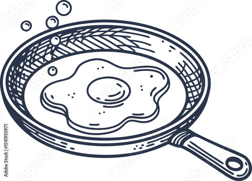 Fried egg in skillet illustration hand drawn breakfast food, cooking utensil, morning meal concept, outline design