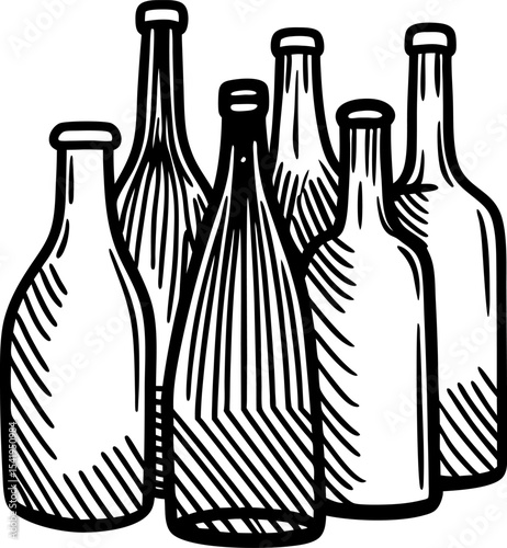Six empty glass bottles grouped together hand drawn black and white illustration for beverage or recycling concepts