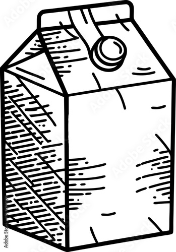 Carton box with screw cap hand drawn sketch of milk or juice beverage packaging container, black and white outline