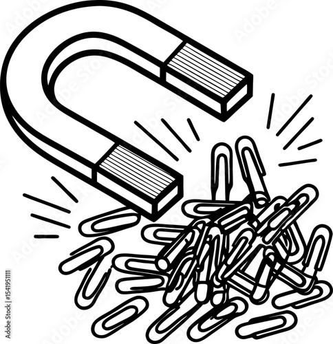 Large horseshoe magnet attracting scattered metal paperclips magnetic force demonstration, science concept illustration
