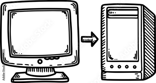 Desktop computer setup with monitor and tower case hand drawn illustration, electronic device connection concept
