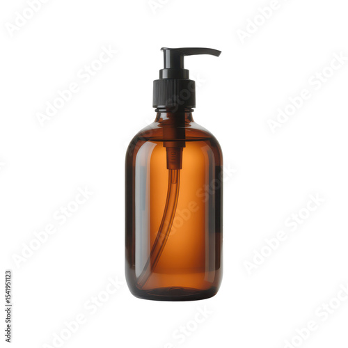 Minimal amber glass bottle with black pump top used for skincare or liquid soap, isolated transparent background