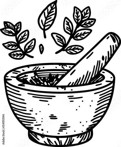 Herbal medicine preparation with mortar and pestle fresh leaves, botanical illustration, natural remedy concept