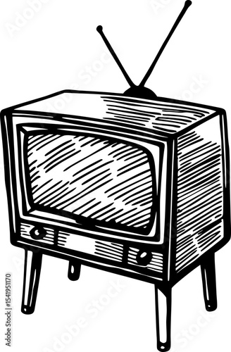 Retro television set with antenna vintage black and white sketch style, old technology, classic tv entertainment