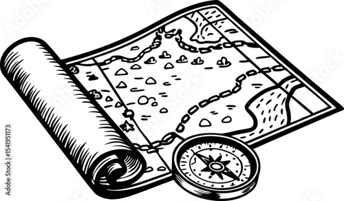 Treasure hunt adventure map with compass exploration journey planning, navigation and discovery illustration