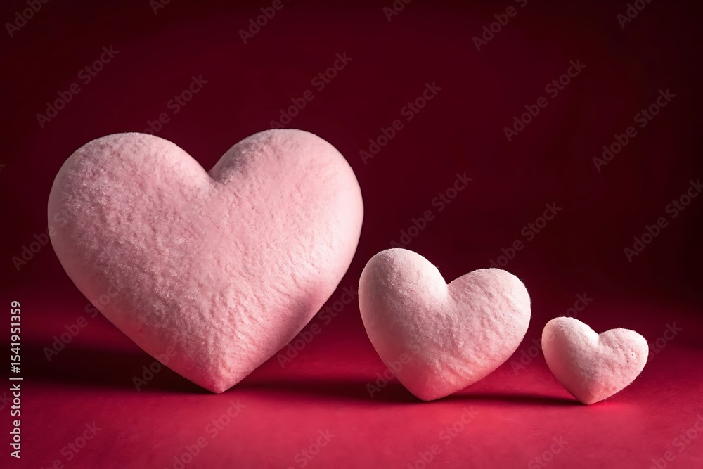 Fototapeta premium Three pink fuzzy hearts on red background