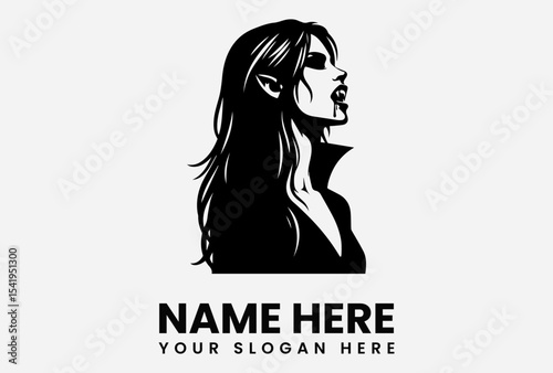 Elegant vampire woman logo design, profile view, black and white illustration.